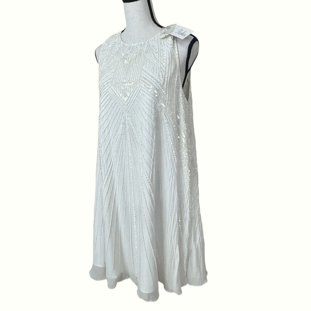 Women's Sequin Beaded Shift Dress Parker Size M White Art Deco Bridal Formal NWT